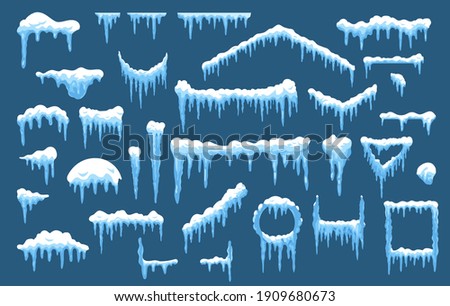 Set of isolated vector ice and snow shapes for house or home roof. Frost circle and rectangle shapes for new year and christmas. Xmas holiday snowcap pile with hanging icicle. Icy and winter snowy cap