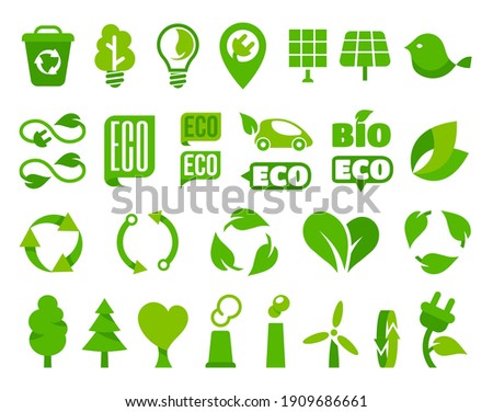 Set of vector eco icons or isolated ecology signs with plant leaf. Electricity wind turbine and plug, bulb and bird, solar panel, recycling bin, fir tree, arrow, bio car. Renewable alternative energy