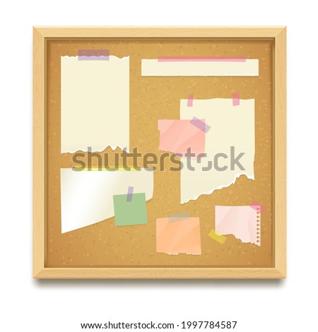 Cork board or noticeboard background with pieces of paper or stickers. Vector realistic corkboard mockup for messages or notes. Office or home pinboard template for task posts and notifications.