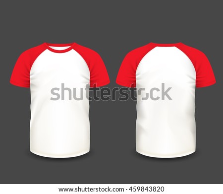 Men’s raglan t-shirt with red short sleeve in front and back views. Vector template. Fully editable handmade mesh.