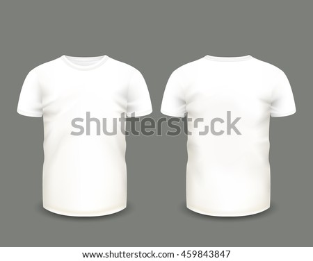 Men’s white t-shirt with short sleeve in front and back views. Vector template. Fully editable handmade mesh.