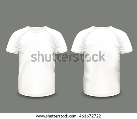Men’s raglan t-shirt with white short sleeve in front and back views. Vector template. Fully editable handmade mesh.