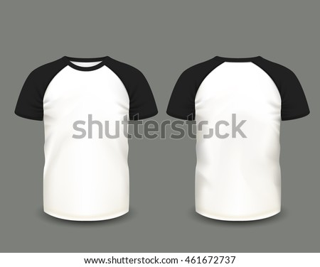Men’s raglan t-shirt with black short sleeve in front and back views. Vector template. Fully editable handmade mesh.