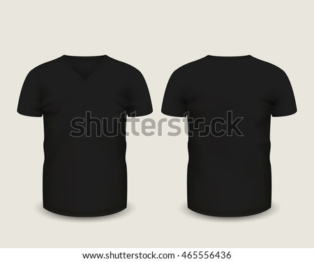 Men’s black V-neck t-shirt short sleeve in front and back views. Vector template. Fully editable handmade mesh