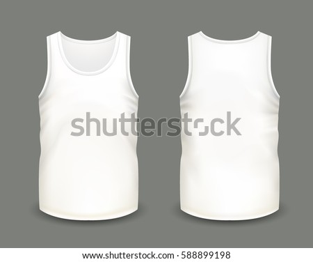 Men's white sleeveless tank in front and back views. Vector illustration with realistic male shirt template. Fully editable handmade mesh. 3d singlet used as mock up for prints or logo design.