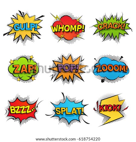Comic funny speech bubbles collection. Set of vector sound effects, noise, rumble, buzzing, creak and crash. Colorful popart stickers designed in retro style for comic books, print or icons.
