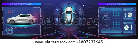 Car service. Holographic digital interface. Dashboard, characteristics, description of the car. Futuristic car interface for website or video games. Realistic car in 3D space holographic in