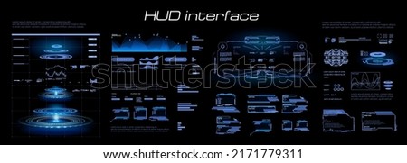 Futuristic blue HUD interface. Custom panel with blue portal hologram and object scanning feature. Virtual graphical user interface for video games
