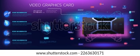 Futuristic cyber banner with game video card. Layout with presentation computer model video card. Realistic graphics card for mining or video games. Computer technology, electronics system
