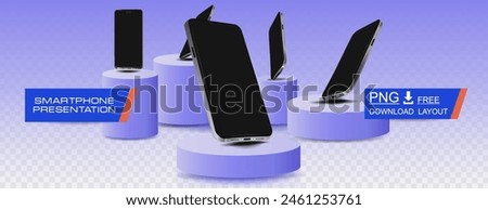 Free set of stylish slim smartphones presented on futuristic round podium platforms with neon glow. Presentation fashionable smartphones from different angles. Modern telephone models for presentation