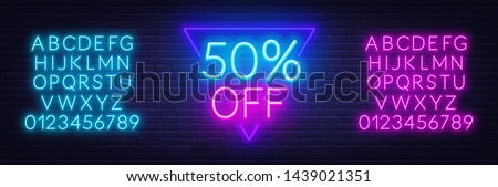 Neon offer template for discount on sale. Neon blue and pink alphabets with numbers. Vector illustration. EPS 10