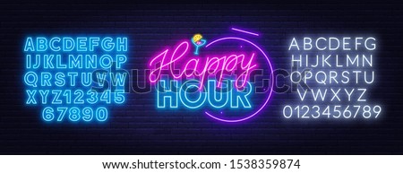 Happy hour neon sign on dark background. 商業照片 © 