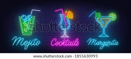 Cocktail Margarita, Blue Hawaiian and Mojito neon sign on brick wall background. ストックフォト © 