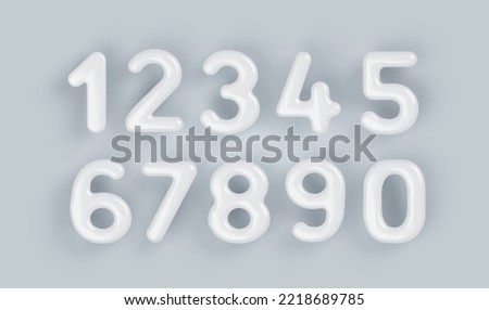 3D White plastic number 1,2,3,4,5,6,7,8,9 and null with a glossy surface on a gray background .