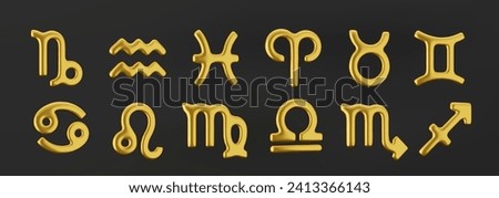 3d golden zodiac sign Capricorn, Aquarius, Pisces, Aries, Taurus, Gemini, Cancer, Leo Virgo, Libra, Scorpio and Sagittarius on a dark background.