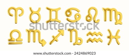 3d golden zodiac sign Capricorn, Aquarius, Pisces, Aries, Taurus, Gemini, Cancer, Leo Virgo, Libra, Scorpio and Sagittarius on a white background.