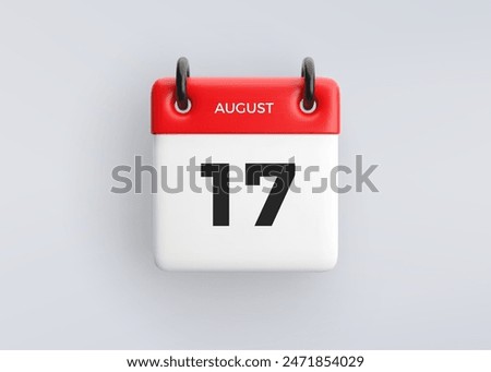 3D calendar icon with date 17 August on grey background. Vector schedule symbol.