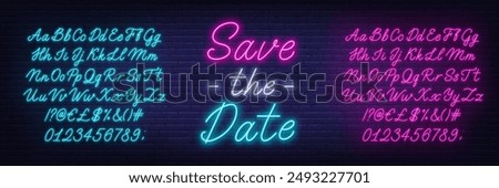 Save The Date Neon Sign on brick wall background. Template for text with pink and blue Neon alphabet.