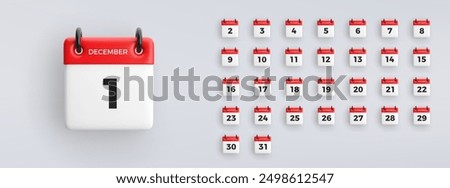 3D calendar icon with date from 1 to 31 of December on gray background. Vector schedule symbol collection.