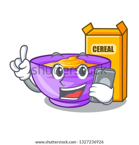 With phone cereal box in a cartoon bowl