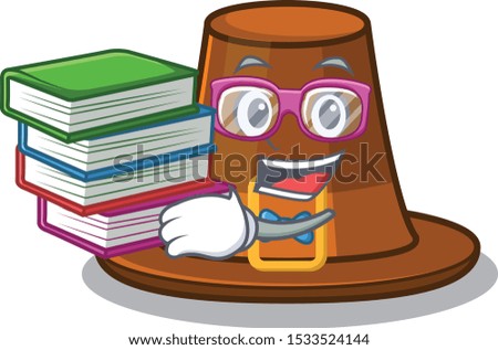 Student with book pilgrim hat on a cartoon table