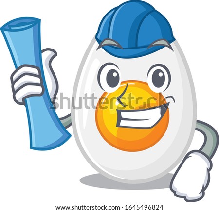A success of boiled egg Architect having blue prints and blue helmet