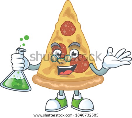 Slice of pizza smart Professor Cartoon character holding glass tube on the lab. Vector illustration