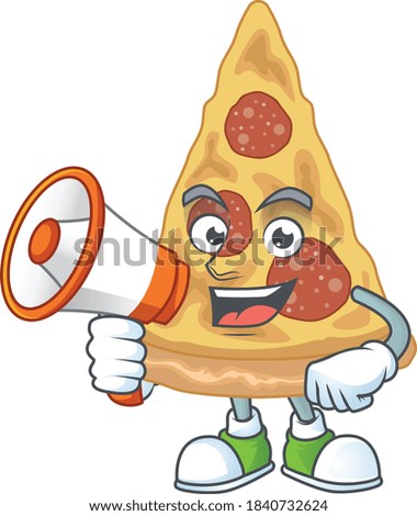 An image of slice of pizza cartoon design style with a megaphone. Vector illustration