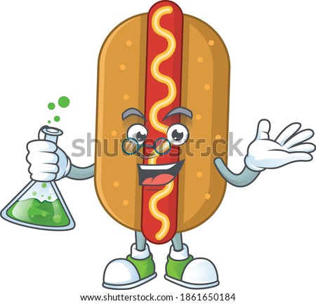 Hotdog smart Professor Cartoon character holding glass tube on the lab. Vector illustration