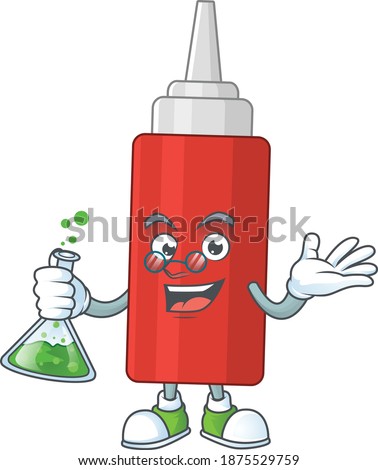 Sauce bottle smart Professor Cartoon character holding glass tube on the lab. Vector illustration