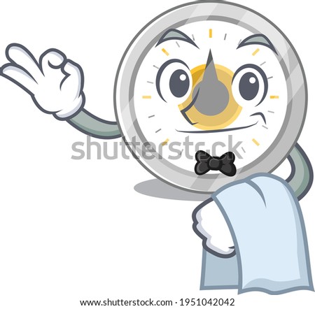 A Caricature design style of old kitchen timer as a waiter with a white napkin. Vector illustration