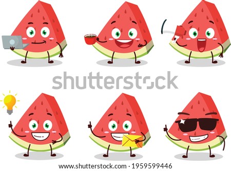 Slash of watermelon cartoon character with various types of business emoticons