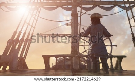 the pirate captain holds the ship's steering wheel and sails across the 
 sea on a sailing pirate ship render 3d illustration  Foto stock © 
