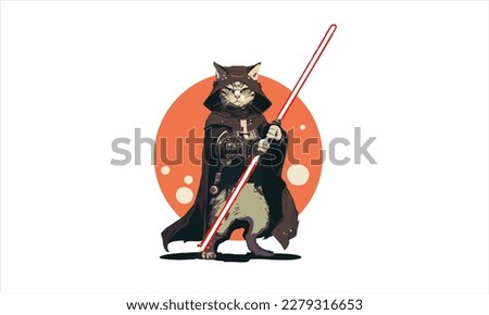 funny cartoon cat in the costume of the hero of the a fantastic film with sword vector illustration 