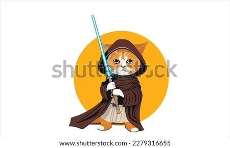 funny cartoon cat in the costume of the hero of the a fantastic film with sword vector illustration 