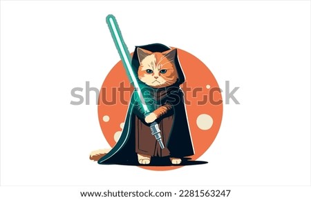 funny cartoon cat in the costume of the hero of the a fantastic film with sword vector illustration 