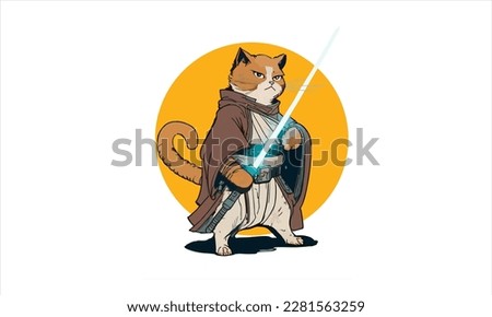 funny cartoon cat in the costume of the hero of the a fantastic film with sword vector illustration 