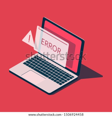 Isometric laptop with error message.