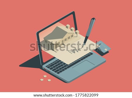 Isometric real estate concept with laptop and signing document