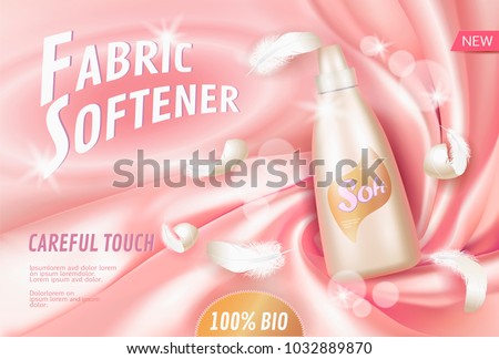 Realistic laundry detergent fabric softener. Tube container ad poster light background silk soft fabric white feather. 3d template mock up branding promote luxury home product vector illustration Foto stock © 