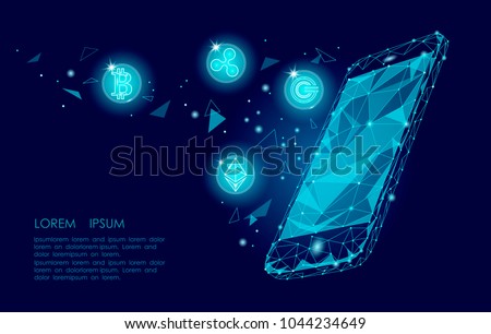 Ethereum Bitcoin Ripple coin digital cryptocurrency smartphone cell web online payment. Big data information exchange technology. Blue abstract web internet electronic payment vector illustration