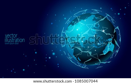 Global international connection information exchange blockchain cryptocurrency. Planet space low poly future technology finance banking design. Web security payment business vector illustration