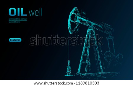 Oil well rig juck low poly business concept. Finance economy polygonal petrol production. Petroleum fuel industry pumpjack derricks pumping drilling point line connection dots blue vector illustration