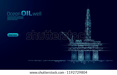 Ocean oil gas drilling rig low poly business concept. Finance economy polygonal petrol production. Petroleum fuel industry offshore extraction derricks line connection dots blue vector illustration