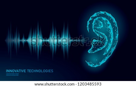 Sound recognition voice assistant low poly. Wireframe mesh polygonal 3D ear sound radio wave innovative technology waveform. Audio equalizer digital computer concept vector illustration