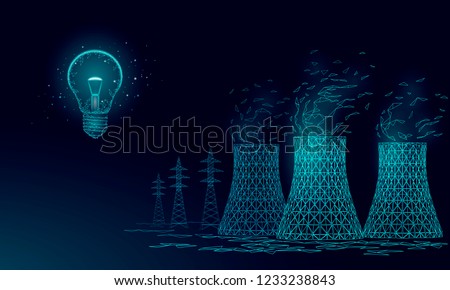 Nuclear power station cooling tower low poly. 3d render ecology pollution save planet environment concept triangle polygonal. Radioactive nuclear reactor electricity vector illustration