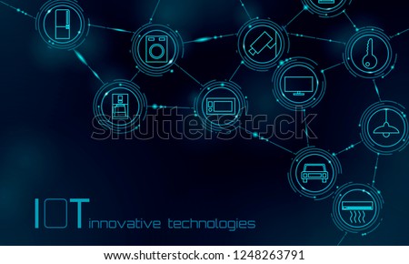 Internet of things icon innovation technology concept. Smart city wireless communication network IOT ICT. Home intelligent system automation Industry 4.0 modern AI computer online vector illustration