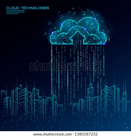 Smart city 3D light cloud computing cityscape. Intelligent building big data exchange storage online futuristic business concept future technology. Urban banner vector illustration