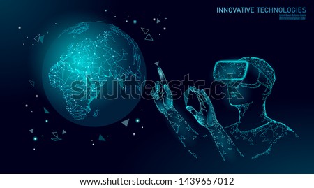 Science ecology planet Earth concept. VR headset holographic projection virtual reality glasses. Futuristic research save nature terraforming analysis architect data analysis vector illustration