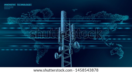 3d base station receiver. telecommunication tower 4g polygonal design global connection information transmitter. Mobile radio antenna cellular vector illustration